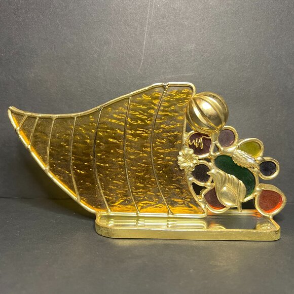 Vintage Rare Unique Gold Tone Stained Glass Free Standing Cornucopia 3.25 x 6.5" - Picture 2 of 9